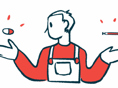 A man in coveralls weighs two different treatments, one in each hand.