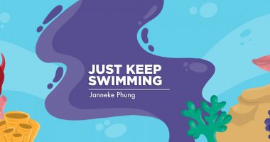 Column Banner for Just Keep Swimming by Janneke Phung. The graphic depicts an underwater scene featuring colorful plants, coral, and rocks.