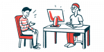 Illustration shows a doctor using a desktop computer as he talks to a patient.