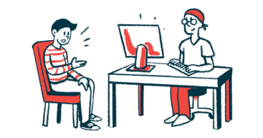 Illustration shows a doctor using a desktop computer as he talks to a patient.