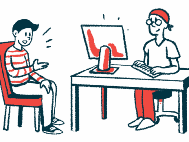 Illustration shows a doctor using a desktop computer as he talks to a patient.