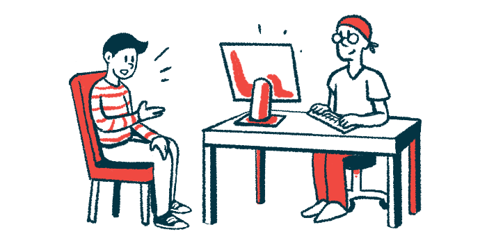 Illustration shows a doctor using a desktop computer as he talks to a patient.
