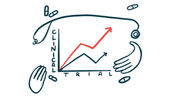 A chart showing improvements in a clinical trial is shown, with a stethoscope and medicine surrounding it.