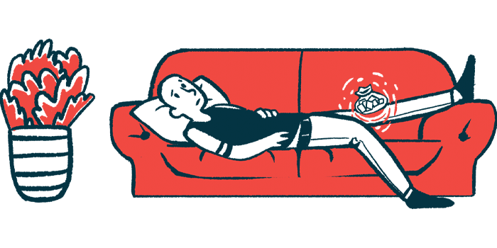 An illustration shows a person laying on the couch with an icepack on one knee.