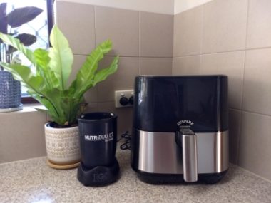 An air fryer and Nutribullet blender sit on a kitchen countertop next to a small potted houseplant.