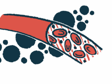 Blood cells are shown flowing through a blood vessel in this illustration.