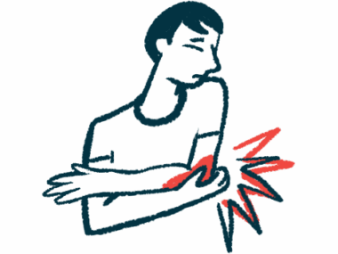 A person in obvious pain cradles the left elbow with the right hand.