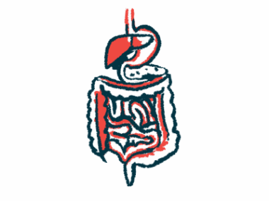 An illustration shows a close-up view of the human digestive system.