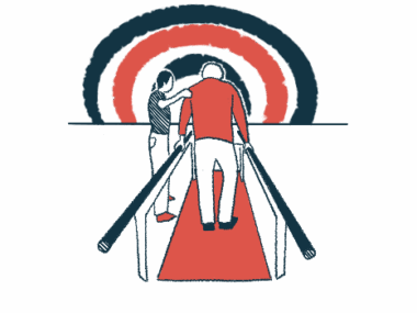 A older person is helped to walk between two rails.